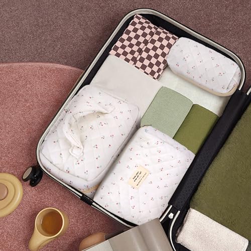 GISMTR 3Pcs Cotton Quilted Makeup Bag Large Travel Cosmetic Bag Coquette Makeup Pouch Cute Aesthetic Floral Toiletry Bag for Women Girls (cherry-B) - color: cherry-B