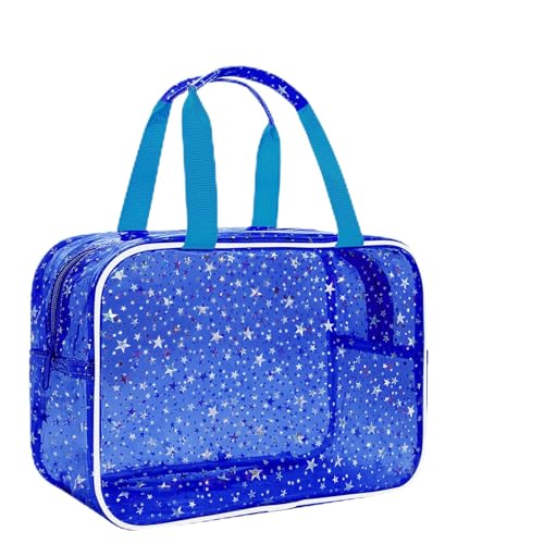 Clear Deep Blue Star Large Makeup Bag with Star Pattern (12x5x8 inches), Travel Cosmetic Bag with Handle, Durable PVC Material, Zipper Opening Design—Ideal for Makeup Travel Organization or Gym Use - color: Deep Blue, style: Star