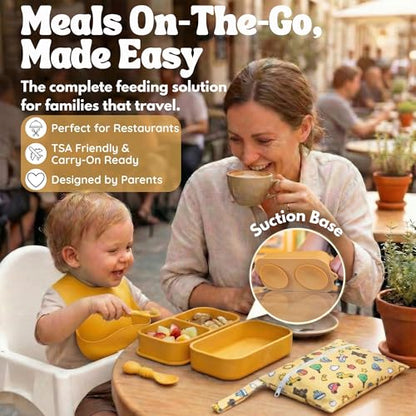 Baby Travel Essentials 6 Pc Silicone Feeding Set - Portable Toddler Plates with Suction, Baby Spoons & Foldable Bib in Carrying Case - BPA-Free Infant & Toddler Utensils for Airplanes & Eating Out - color: Yellow