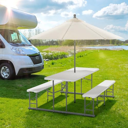 VINGLI Folding Picnic Table and Bench Set, Portable Outdoor Dining Furniture for Camping, Patio, Backyard, Wood Grain Plastic Top with Metal Frame (White) - color: White, style: Standard