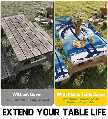 Picnic Table Cover with Bench Covers Waterproof Fitted Table Cloth Tablecover Camp Camper Camping Essentials Outdoor Summer Beach River Water Motorhome Trailer Road Trip Tent Rv Car Travel Activities - color: Blue Coconut Tree, size: 72in