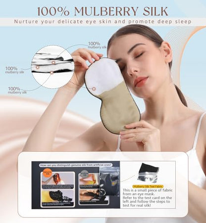 HiRui Silk Sleep Mask, 100% Natural Mulberry Silk of Double-Sided & Inner-Filling, Ultra-Smooth Soft, Adjustable Strap, Blocks Light for Night Sleeping, Travel, Office Naps (Khaki) - color: Khaki