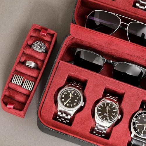 ROTHWELL 8 Watch Travel Case Storage Organizer for 8 Watches, Sunglasses, Rings & Cufflinks |Tough Portable Protection with Zipper Fits Most Wristwatches & Smart Watches Up to 50mm (Black/Red) - color: Black/Red
