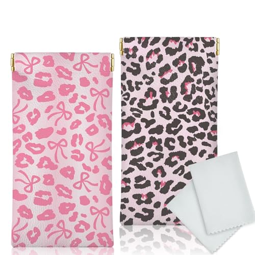 Glasses Case Soft, Eyeglass Cases for Women Portable Squeeze Top PU Leather 2 Pack Glasses Pouch with Cleaning Cloth - color: 2pcs Pink Leopard Print