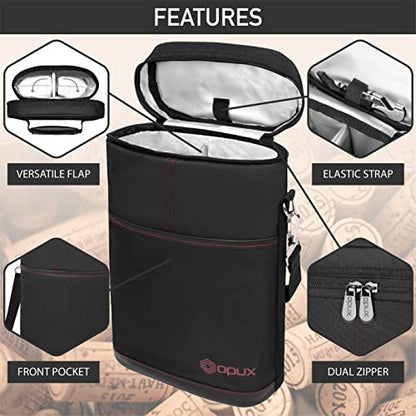 opux 2 Bottle Wine Carrier Tote, Insulated Leakproof Wine Cooler Bag, Wine Travel Bag Tote for Picnic BYOB Beach, Portable Wine Bottle Carrying Case, Gift for Wine Lover Women Men Christmas, Black - color: Black
