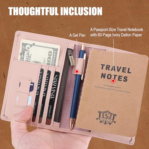 STAR VISTA Phoenix Leather Passport Holder, Calfskin Travel Wallet - RFID Blocking, ID Window, Zipper Pocket, Pen & Notebook Included, Pale Pink - color: Pale Pink Calfskin