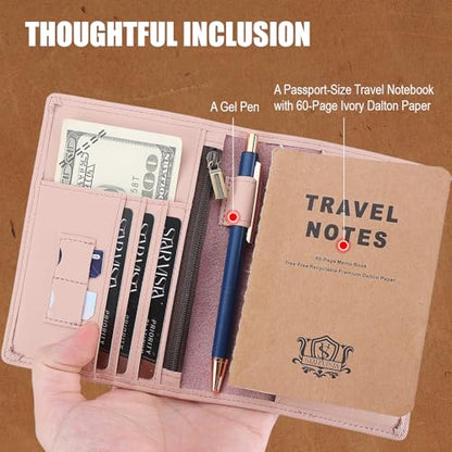 STAR VISTA Phoenix Leather Passport Holder, Calfskin Travel Wallet - RFID Blocking, ID Window, Zipper Pocket, Pen & Notebook Included, Pale Pink - color: Pale Pink Calfskin