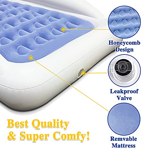 Inflatable Kids Travel Bed Toddler Air Mattress Set,Portable Blow Up Mattress Sleeping Bed Cot with Bed Rails and Electric Pump Ideal for Road Trip - color: Blue