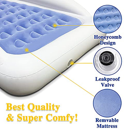 Inflatable Kids Travel Bed Toddler Air Mattress Set,Portable Blow Up Mattress Sleeping Bed Cot with Bed Rails and Electric Pump Ideal for Road Trip - color: Blue