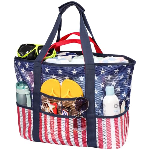 F-color Mesh Beach Bag Family - Large Tote Bag 9 Pockets for Swim Pool Toys Cruise Beach Vacation Essentials - color: Flag, size: Large with Mesh Bottom