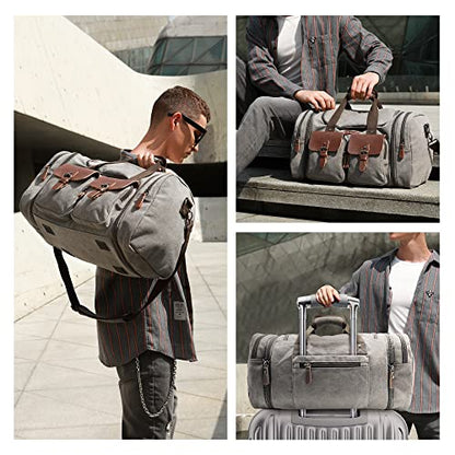 Wildroad 50L Travel Duffel Bag, Expandable Canvas Genuine Leather Duffle Bag Upgraded Overnight Weekender Carry on Bag - color: Grey, size: Large-50L Duffle Bag