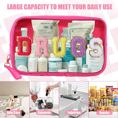 BuyCard 2 Pcs Chenille Letter Drugs Clear Makeup Meds Bag, Nylon & PVC Transparent Cosmetic Bag, Preppy Patch Drug Bag, Toiletry Storage for Women Girls, Rose Red - color: DRUGS-Rose Red, style: 2 Pcs-clear