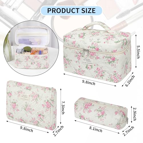 senbowe Floral Makeup Bag, 3 Pack Large Cotton Quilted Makeup Bag Set, Cute Floral Coquette Aesthetic Toiletry Bag Make Up Cosmetic Bag for Women, Toiletry Travel Make Up Organizer Bag - color: Pink-White Flower