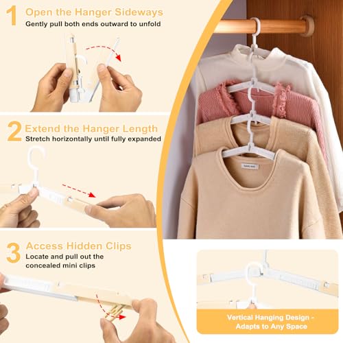 6 Pack Fodable Travel Hangers with Clips & Adjustable Clothesline, Portable Collapsible Hangers with Storage Bag for Suitcase, Hotel, RV, Cruise Essentials Set (Beige) - color: Beige