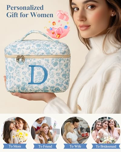 HBselect Initial Quilted Makeup Bag, Cotton Large Travel Makeup Bag, Cute Floral Coquette Make up Bag Cosmetic Bag Toiletry Bag for Women Girls D - color: 1Pc Large Blueflower, style: D