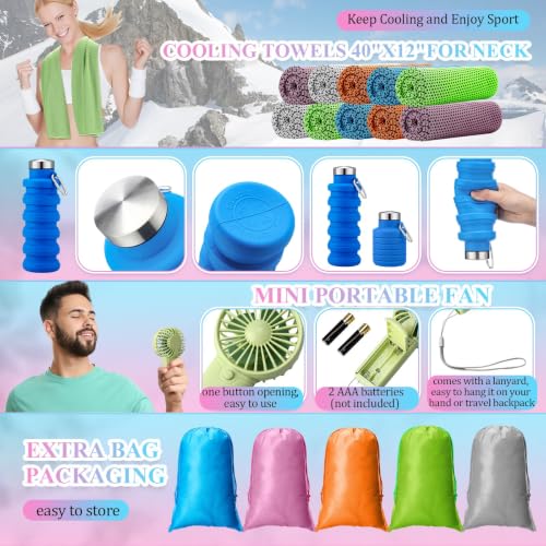 10 Set Theme Park Necessities Cruise Ship Accessory Kit Collapsible Water Bottle Cooling Towel Fan Drawstring Bag for Summer Amusement Park Outdoor Team Travel Cruise Gifts Fitness Sport Favor