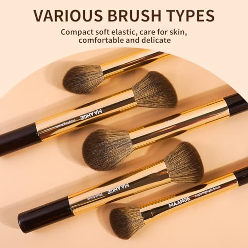 MAANGE 13 PCS Makeup Brushes Professional Make Up Brushes Premium Synthetic Powder Concealers Brushes Travel Makeup Brush Set with Case (Gold) - color: Gold