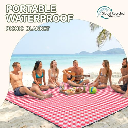 Genovega Waterproof Picnic Blanket Beach Outdoor Camping Mat Rug Extra Large Foldable Cute Big Travel Essential Accessories Gift Park Patio Lawn Garden Grass Ground Music Festival Must Have Checkered - color: Checkered Red