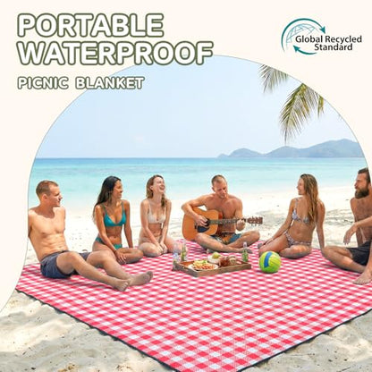 Genovega Waterproof Picnic Blanket Beach Outdoor Camping Mat Rug Extra Large Foldable Cute Big Travel Essential Accessories Gift Park Patio Lawn Garden Grass Ground Music Festival Must Have Checkered - color: Checkered Red
