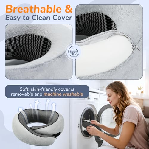 SYNNA Travel Neck Pillow for Airplane & Car, 360° Head and Chin Support, Ergonomic Memory Foam with Silky-Smooth Washable Cover for Flights, Road Trips & Office Naps