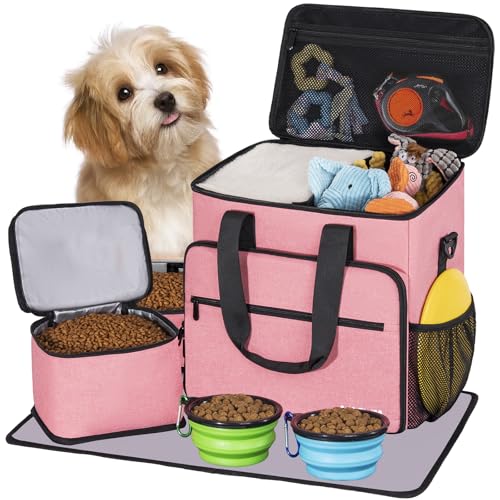 5 Set Dog Travel Bag for Supplies, Dog Lovers, Large Pet Travel Kit Includes 2 Food Containers, 2 Collapsible Bowls, Pink - color: Flamingo Tourmaline