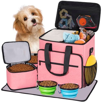 5 Set Dog Travel Bag for Supplies, Dog Lovers, Large Pet Travel Kit Includes 2 Food Containers, 2 Collapsible Bowls, Pink - color: Flamingo Tourmaline