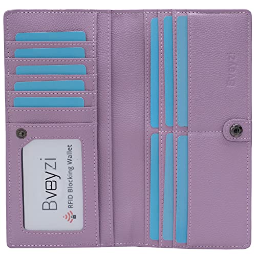 Bveyzi Ultra Slim Thin Leather RFID Blocking Credit Card Holder Bifold Clutch Wallets for Women - color: Light Purple