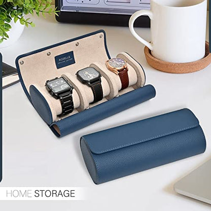 ROSELLE Genuine Leather Watch Roll Travel Case - Watch Roll Case For 3 Watches With Luxury Lining - Protect, Travel,Store, & Display Fine Watches (3 slot Blue) - color: Blue / White-3