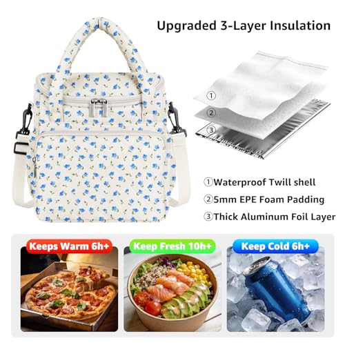 Women's Insulated Lunch Tote Bag - Inch Quilted Lunch Box for Women, Large Waterproof Cooler Bag with Pockets for Work, Picnic, Adult (blue flower) - color: blue flower
