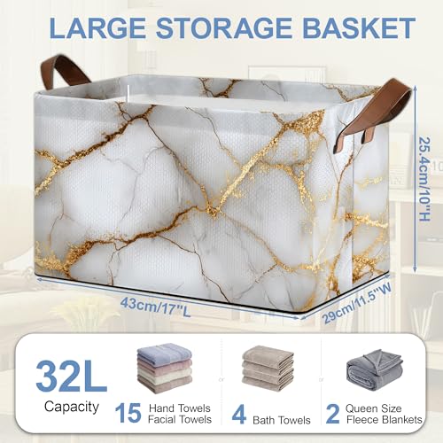 White Gold Marble Storage Baskets,Foldable Large Capacity Organizer Bins with Waterproof Lining and Leather Handles for Closet,Shelf,Bedroom 17x11.5x10Inch - color: White Gold Marble