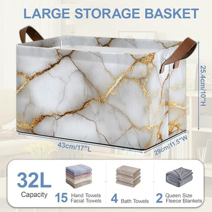 White Gold Marble Storage Baskets,Foldable Large Capacity Organizer Bins with Waterproof Lining and Leather Handles for Closet,Shelf,Bedroom 17x11.5x10Inch - color: White Gold Marble