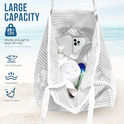 HOHOM Beach Bags for Women, Summer Travel Mesh Tote Bag with Large Inner Pocket, Sandproof Woven Shoulder Handbag - color: Snowy White