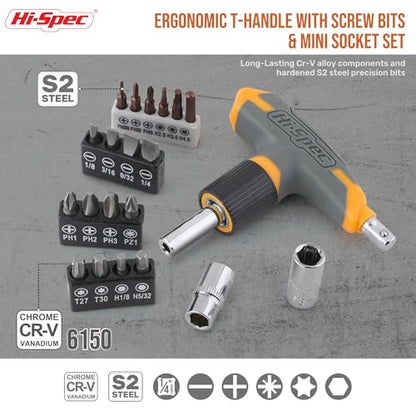 Hi-Spec 30pc Magnetic T-Handle Ratchet Wrench and Screwdriver Set. Small Compact Hand Tool Kit Set with Sockets for Home & Car & Office. Toolkit Starter Repairs in a Portable Tool Box Case - color: Yellow