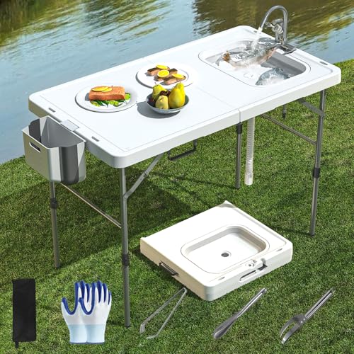 Folding Fish Cleaning Table with Sink, 50"x27" Bi-Folding Portable Camping Sink Station with Drain Hose, Trash Can, Gloves and Cleaning Kits, Foldable Outdoor Sink for Camping, Fishing, BBQ - style: Fish cleaning table Bi-Folding