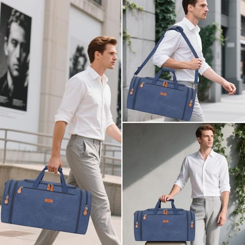 Canvas Mens Duffle Bag for Travel - Expandable 50L Weekender Bags with Toiletry Bag, Overnight Bag Travel Duffel Carry On Luggage with Removable Shoulder Strap, Durable & Water-Resistant - color: 6-Navy Blue