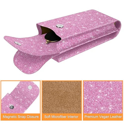 FINTIE Double Glasses Case with Carabiner Hook, Portable Vegan Leather Eyeglass Case Anti-scratch Sunglasses Pouch - color: Glittering Purple