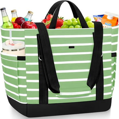 Cooler Bag Insulated, Soft Side Cooler, Reusable Grocery Bags with Zipper Closure, Thermal Leakproof Large Insulated Tote Bag for Hot/Cold Food for Grocery, Beach, Travel, Picnic - color: Light Green and White