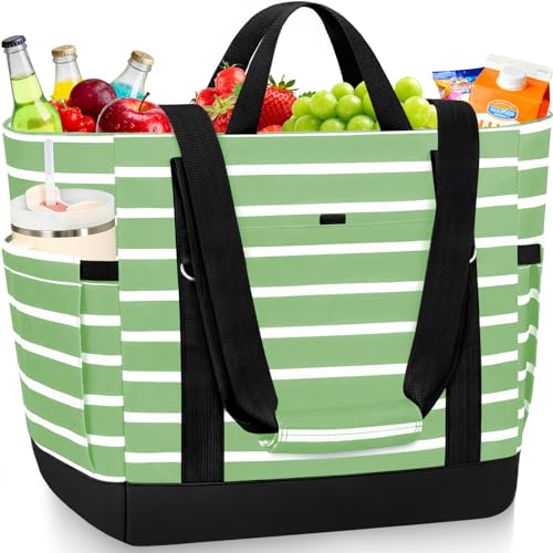 Cooler Bag Insulated, Soft Side Cooler, Reusable Grocery Bags with Zipper Closure, Thermal Leakproof Large Insulated Tote Bag for Hot/Cold Food for Grocery, Beach, Travel, Picnic - color: Light Green and White