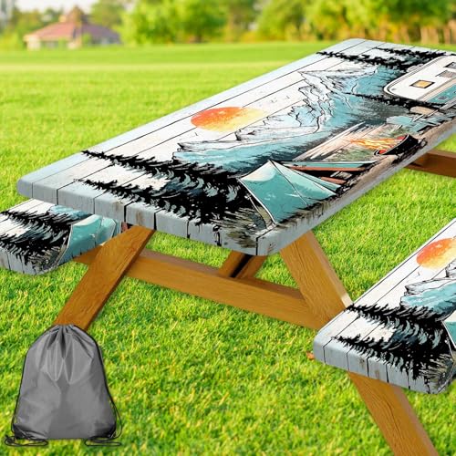 Picnic Table Cover with Bench Covers and Bag, Wooden Camper Waterproof Windproof, Fitted Tablecloth Cover with Elastic Edge, for Indoor & Outdoor, Garden, Camping, 3 Pieces Set, 30x96 Inch - color: Blue, size: 30" x 96"