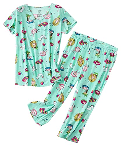 PNAEONG Women Pajama Set Sleepwear Tops with Capri Pants Casual and Fun Prints Pajama Sets - color: Beach, size: Large