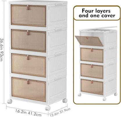 YFXCVSL 4 Tier Plastic Storage Bins with Lid 28QT - Stackable Storage Containers with Wheels, Folding Storage Boxes, Collapsible Storage Bins, Closet Organizers and Storage - size: 4-Tier 28QT