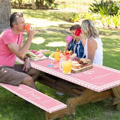 Picnic Table Cover with Bench Covers Elastic Edges, Pink Camper Fitted Table Cover, Outdoor Patio Camping Essentials 72 Inch 3PCS, Waterproof Camping Fitted Tablecloth with Drawstring Bag - color: Pink, size: 72in