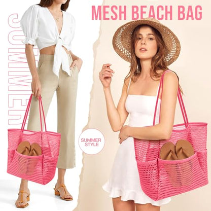 KPX Beach Bag with Mini Pocket, Summer Beach Tote Bags for Women Large Foldable Mesh Swimming Pool Travel Bags - Sandproof - color: Rose
