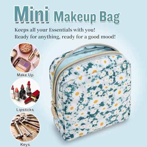 Nylon Mini Floral Makeup Bag for Purse, Small Cute Travel Makeup Bag Preppy Flower Cosmetic Zipper Pouch, Waterproof Coin Pouch Sanitary Napkin Storage Bag Make Up Organizer Set for Women(Green-Daisy) - color: Green-Daisy, size: Mini