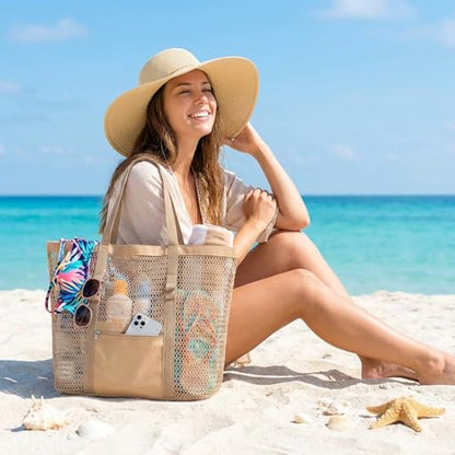 Dntorx Women's Mesh Beach Bag, Stylish Beach Tote for Swimming, Travel & Vacation Essentials, Lightweight Design for Poolside - color: Khaki