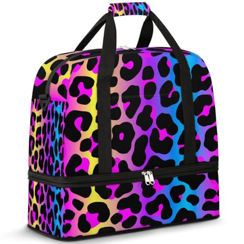 Travel Duffle Bags With Shoes Compartment for Women Men Rainbow Cheetah Leopard Print Lightweigh Sports Tote Gym Bag Foldable Canvas Weekender Overnight Carry On Luggage Handle Bag - color: A05:Rainbow Cheetah Leopard