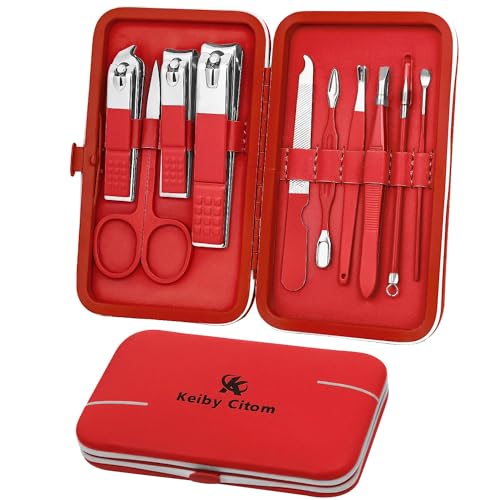 Manicure Set, Travel Mini Nail Clippers Kit Pedicure Care Tools, 10pcs Stainless Steel Grooming kit (Red) - color: Red