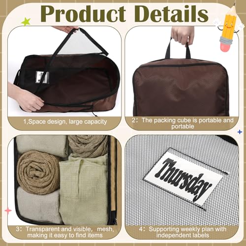 7 Pcs Packing Cubes for Travel Days of Week Compression Packing Cube with Labels Organizers Luggage Storage Bag(Brown,Large) - color: Brown