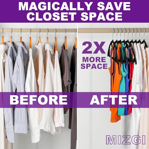 MIZGI Premium Velvet Hangers 50-Pack,No Shoulder Bump Hangers W/Tie Bar Ultra Thin Space Saving Non Slip Hanger Heavy Duty Felt Rounded Clothes Hanger for Sweaters,Coat,Jackets,Pants,Shirts - color: Black/Silver Hook