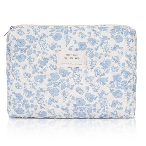 honitty Makeup Pouch,Quilted Cosmetic Bags,Large Floral Make Up Organizer for Women - color: 1PCS-Blue-White2